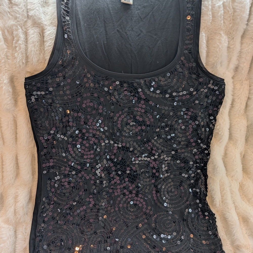 White House Black Market Black Sequin Fitted Sleeveless Tank Top